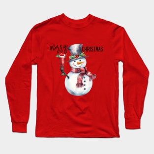 Cute Snowman in Red Scarf Holding a Christmas Drink with Berries Long Sleeve T-Shirt